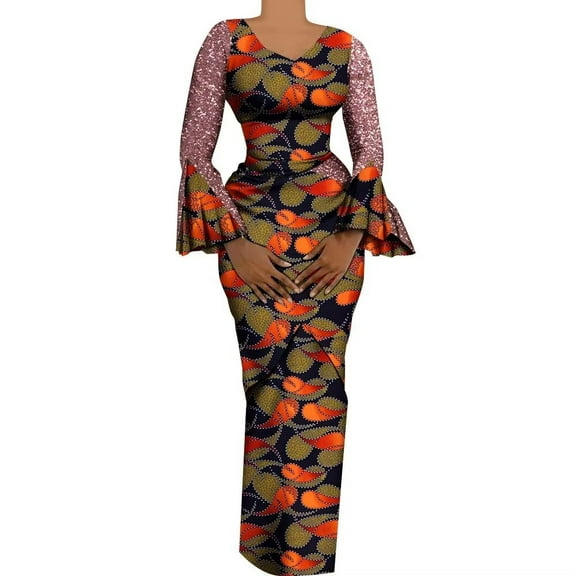 XIAOHUAGUA African Women dress Shiny Flare Sleeves V Neck Long Pencil dresses African Clothes for Women