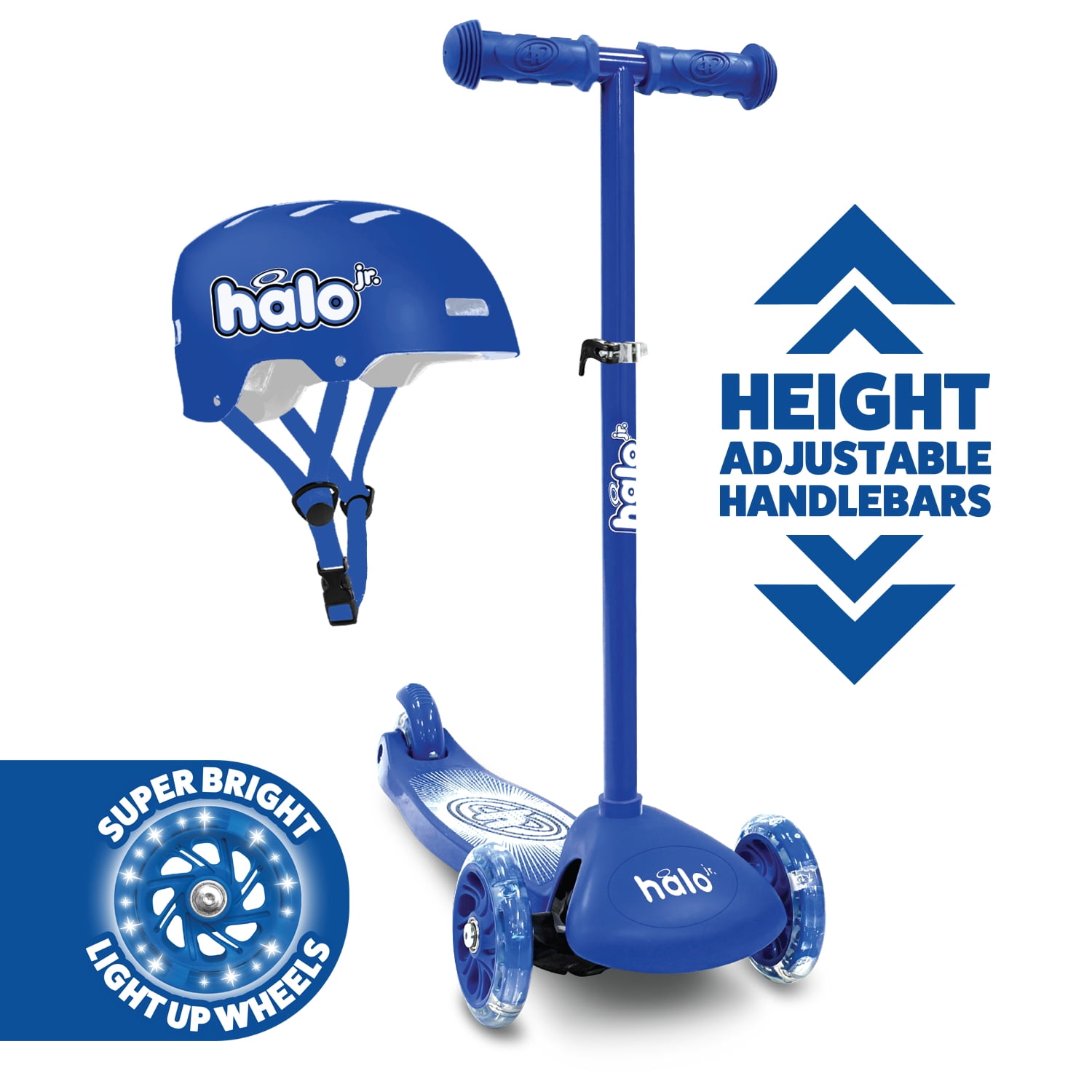 HALO Rise Above Jr 3 Wheel Toddler Scooter and Helmet Set - Blue 2+ - Light up Wheels and Adjustable Helmet