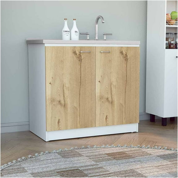JERFIT 36-inch Farmhouse Utility Sink Base Cabinet with Double Doors and Storage Shelf, Freestanding Kitchen Sink Cabinet in White & Light Oak Finish