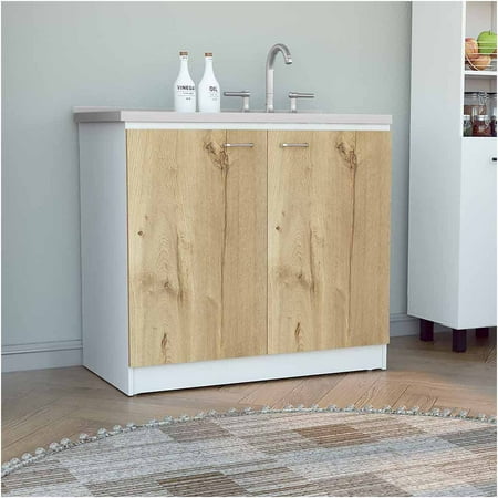JERFIT 36-inch Farmhouse Utility Sink Base Cabinet with Double Doors and Storage Shelf Freestanding Kitchen Sink Cabinet in White & Light Oak Finish