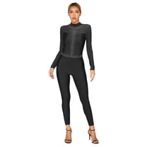Doomiva Women's Rhinestone Gymnastics Leotard Unitard Full Body Figure Ice Skating Jumpsuit Bodysuit Black XL