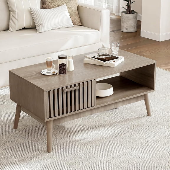 Coffee Table with Storage, Mid Century Dining Table with 1 Storage Drawer, Open Shelf & Wooden Legs, Farmhouse Wood Coffee Table for Living Room Fluted