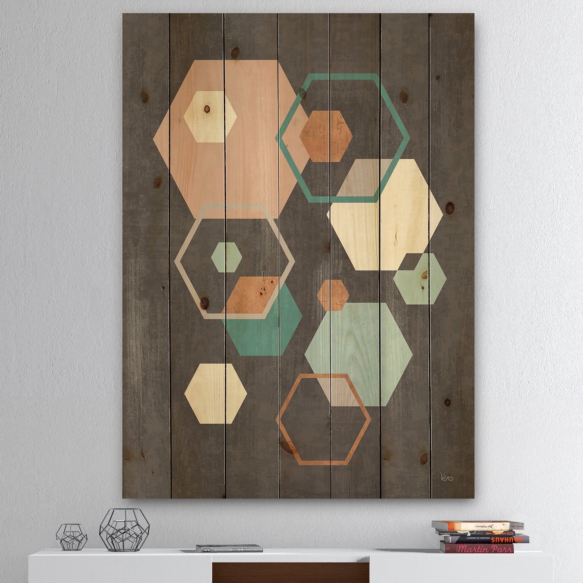 Designart 'Geometric hexagons Pattern IV' Transitional Print on Natural Pine Wood