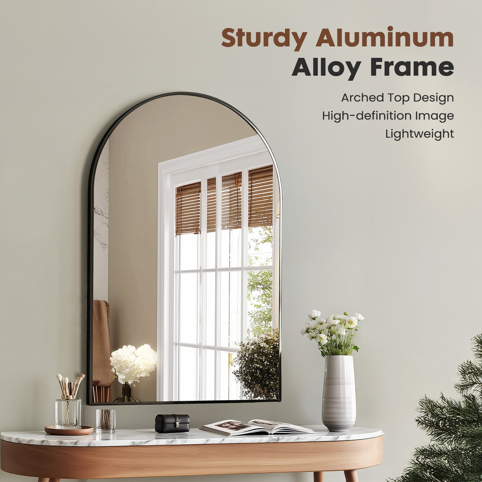 Gianna 22"x30" Arched Wall Mirror, Modern Aluminum Frame Decorative Mirror for Bathroom, Bedroom, Living Room, or Entryway, Black