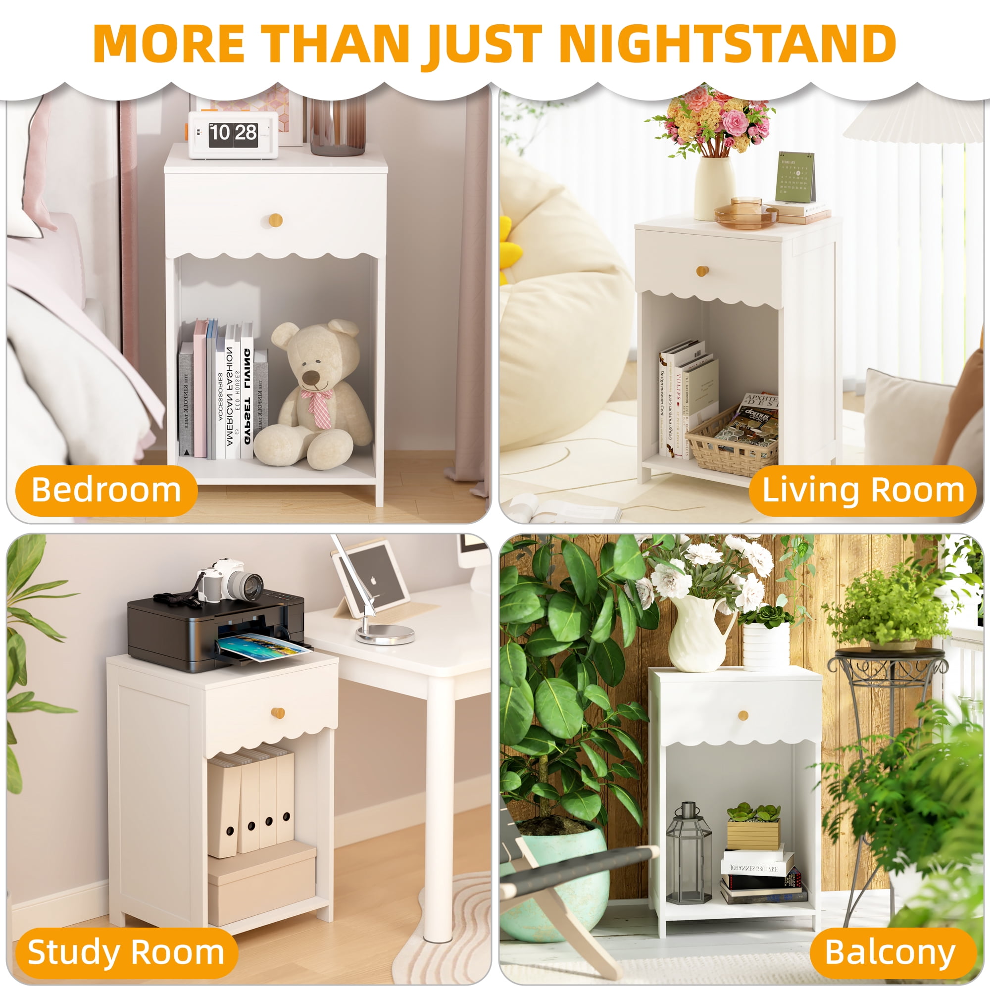 Yoneston Elegant Open Shelf Nightstand with Drawer Storage for Kid's Room Bedside Bedroom, Snow White
