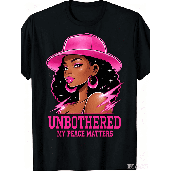 Cute Pink Cap Curly Black Queen Women’s T-Shirt, Unbothered Positive Peace Quote Graphic Tee, Trendy Casual Crew Neck Short Sleeve Top, Inspirational Fashion Gift For Ladies Summer Everyday Outfit