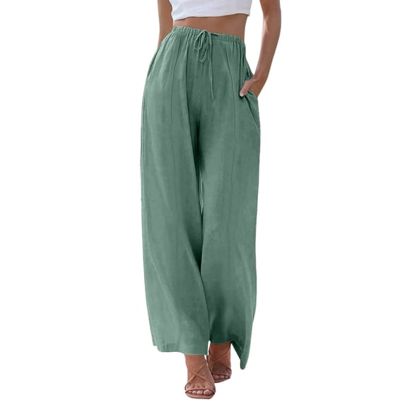 KDDYLITQ Linen Pants Women Petite Wide Leg High Waisted Pants Flowy Casual Baggy Drawstring Palazzo Trousers Blue S