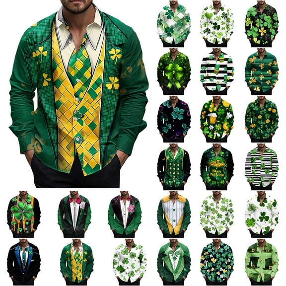 QATAINLAV Men's St Patricks Day Shirt Funny Shamrock Graphic Print Shirts Long Sleeve Button Down Blouses Casual Holiday Vacation Tops Multicolor M Todays Sales