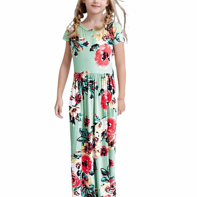 WEAIXIMIUNG Robes pour Filles 4T à 5T Robe Longue Maxi Décontractée Ample à Manches Courtes à Imprimé Floral avec Poches pour Fille 6-7 Ans