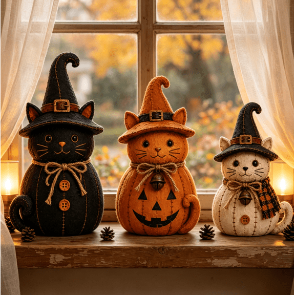 3 Piece Rustic Farm Animal Pumpkin Decor Set, Fall Halloween Thanksgiving Home Decor, Vintage Distressed Resin Figurines for Mantel Shelf Table Centerpiece (3pc-Cat)