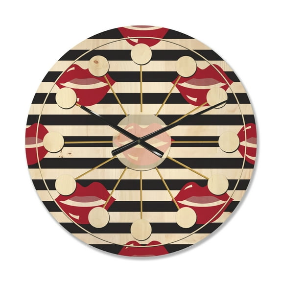 Designart 'Red Lips Fashion Horizantal Pattern' Mid-Century Modern Wood Wall Clock