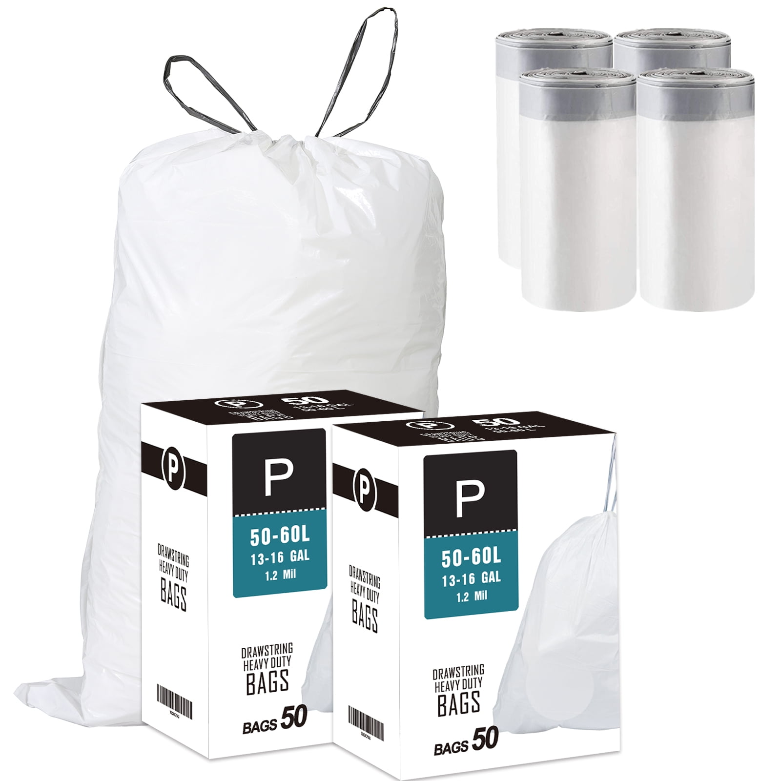 DisplayForever 2 Packs(100 Count total) Code P 13-16 Gallon Heavy Duty Drawstring Trash Bags Compatible with simplehuman Code P | 1.2 Mil | White