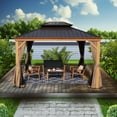 thumbnail image 2 of Kozyard Apollo 10’x12’ Hardtop Gazebo, Wooden Coated Aluminum Frame with Galvanized Steel Double Roof, Outdoor Permanent Metal Pavilion with Netting for Patio, Deck and Lawn (10ft x 12ft), 2 of 8