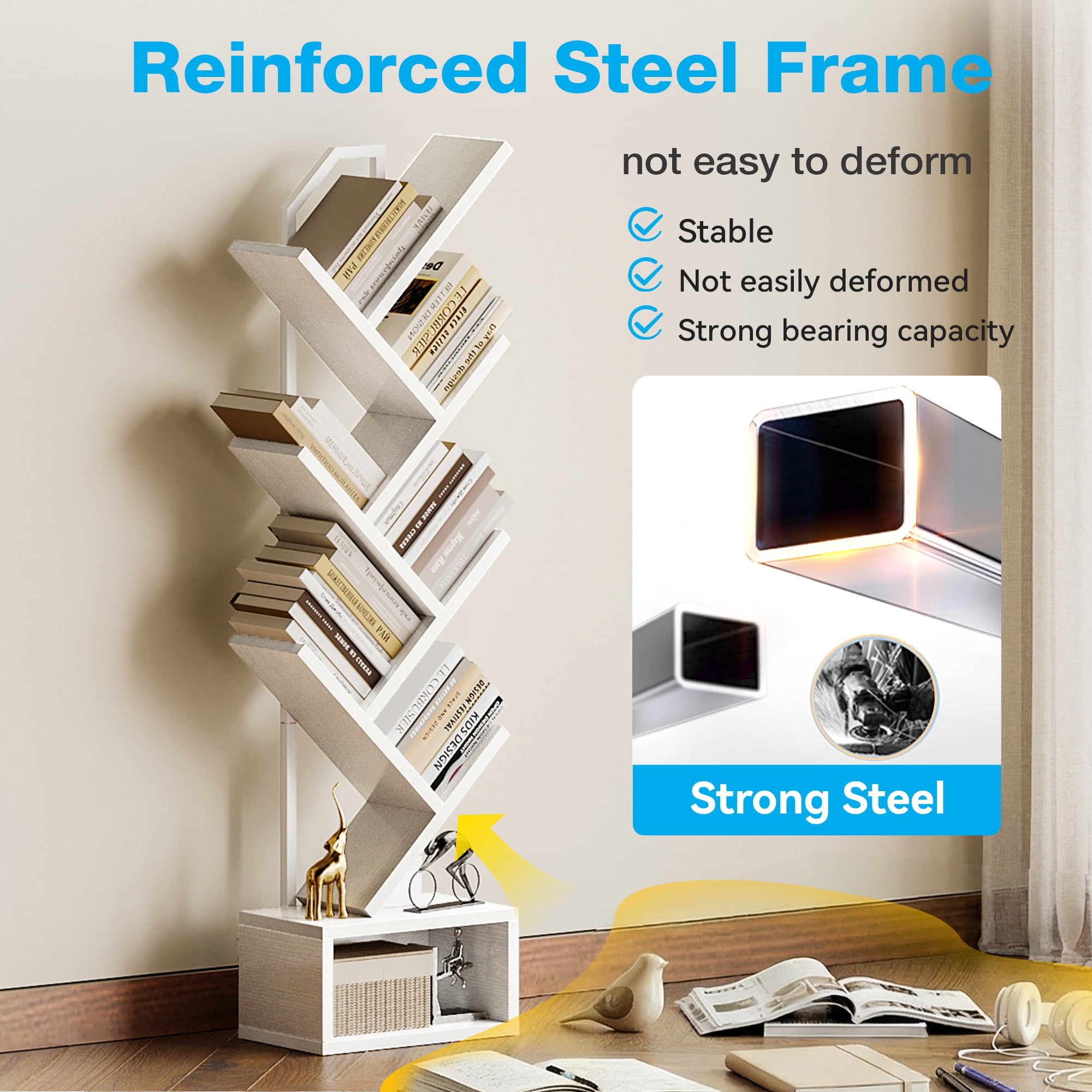 Casacomoda 6-Tier Tree Bookshelf for Corner & Small Space — Narrow Steel & Wood Bookcase, Tall Floor Standing Book Organizer Shelf with Storage Cabinet, Home Decor for Living Room, Bedroom, White