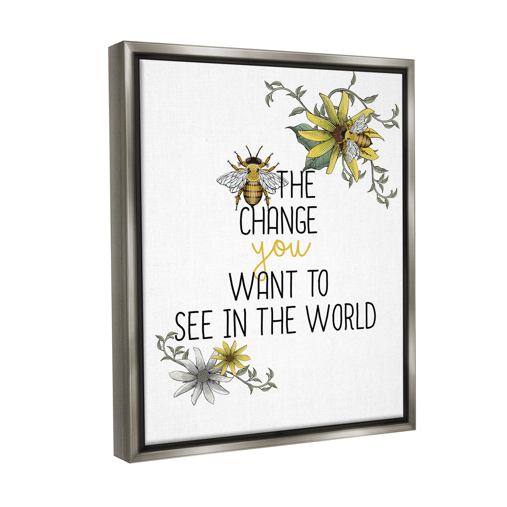 Stupell Industries Bee The Change Botanical & Floral Painting Gray Floater Framed Canvas Art Print Wall Art, 25 x 31