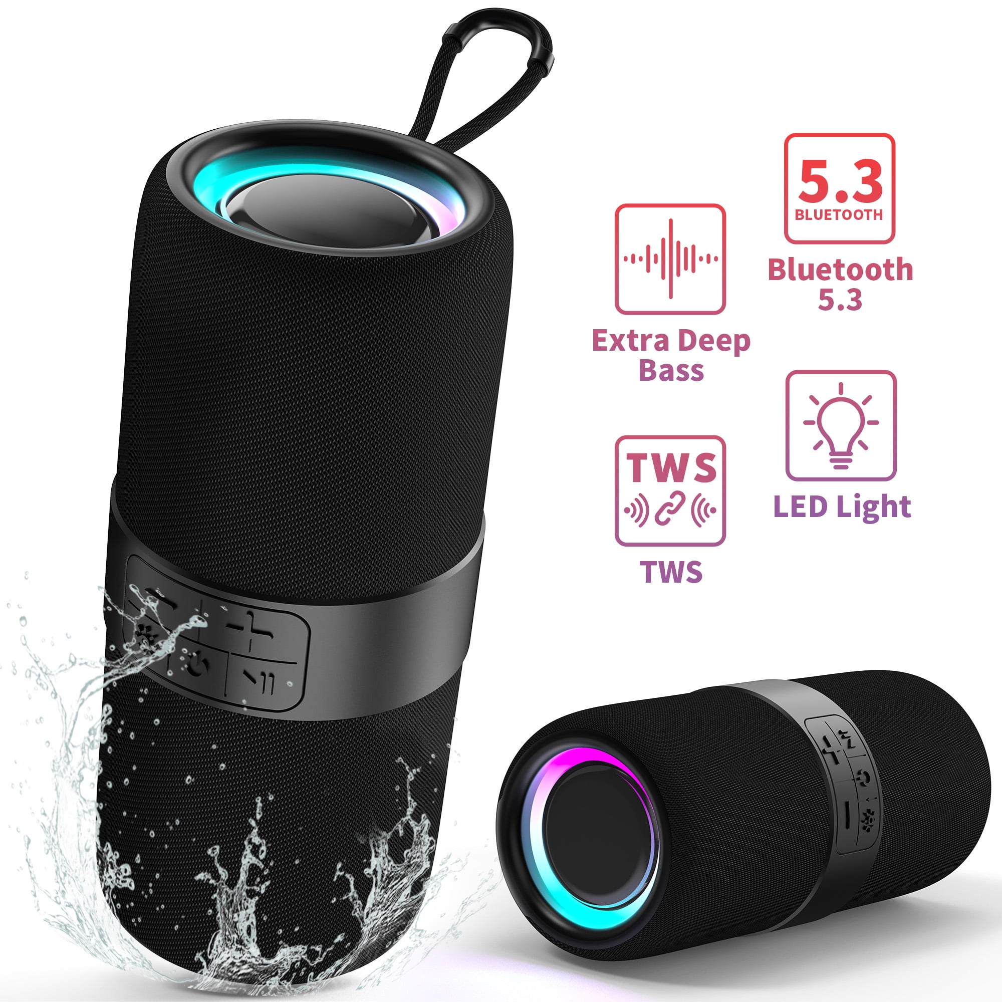 Ficcug Portable Bluetooth Speaker, Waterproof, LED Lights photo 1
