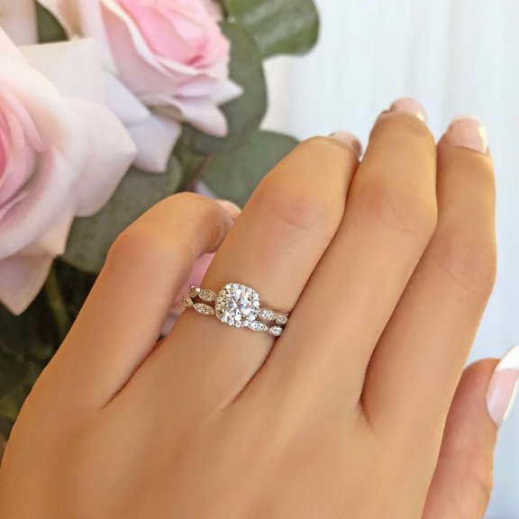 New Jewels 2 Ct Round Cut Simulated Diamond Delicate Bridal Halo Wedding Set Rings 14K Yellow Gold Plated