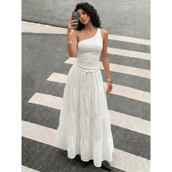 Women's White Multi Layer Maxi Skirt Drawstring Casual Summer Vacation Skirt