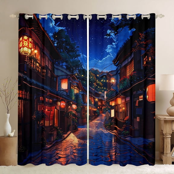 Feelyou Ancient Japanese House Black Out Curtains, Dreamy Streetscape Curtains Pack of 2 (42x63 Each), Retro Tokyo Theme Bedroom Curtains, Blackout Curtains Home Decor