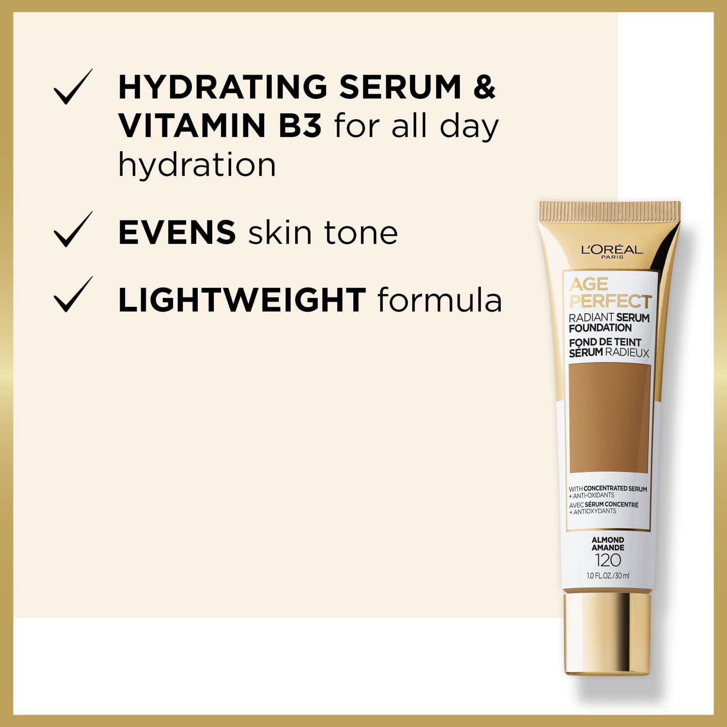 L'Oréal Paris Age Perfect Fond De Teint Sérum Hydratant Radieux, Sans S'Affaisser, Vitamine B3, Amande, 30  ML