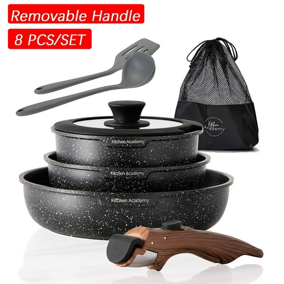 8 PCS Cookware Set Nonstick Granite Coated Pots and Pans Set w/ Removable Handle