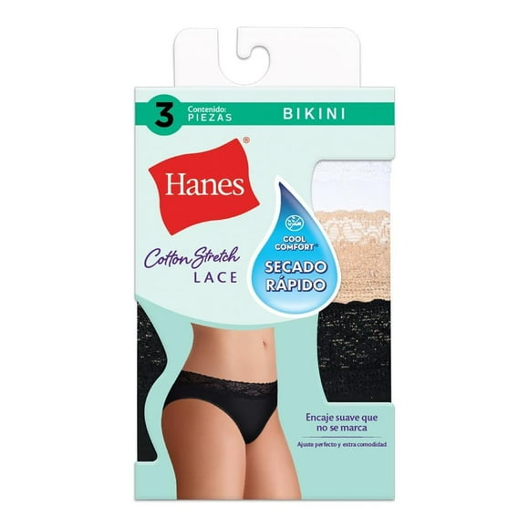 Bikini Hanes Panties para Mujer, Multicolor Cotton Stretch Lace 1 Paquete con 3 Piezas Talla 6