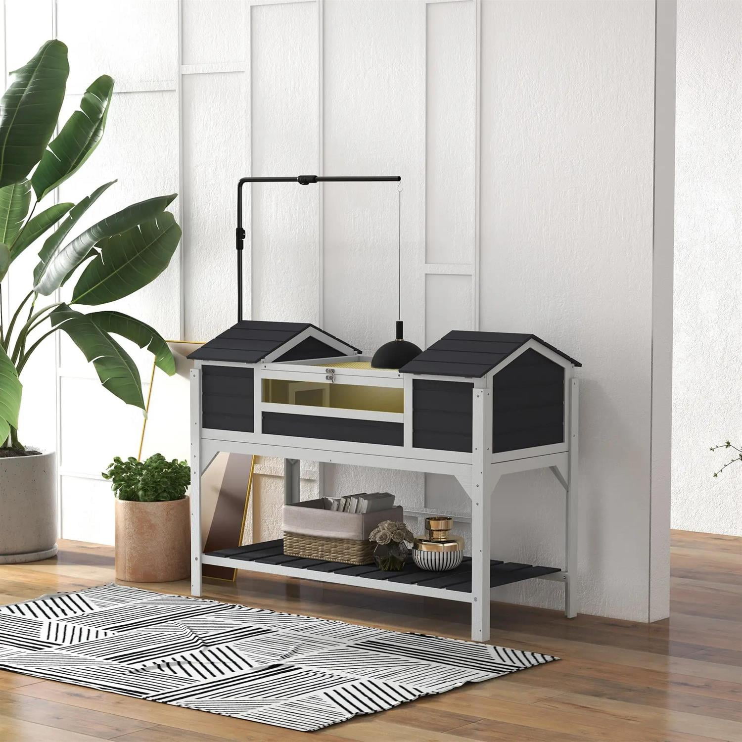 Pefilos 48" Wooden Tortoise House, Large Tortoise Habitat Cage with Adjustable Lamp Holder, Indoor Outdoor Turtle Habitat Enclosure, Gray