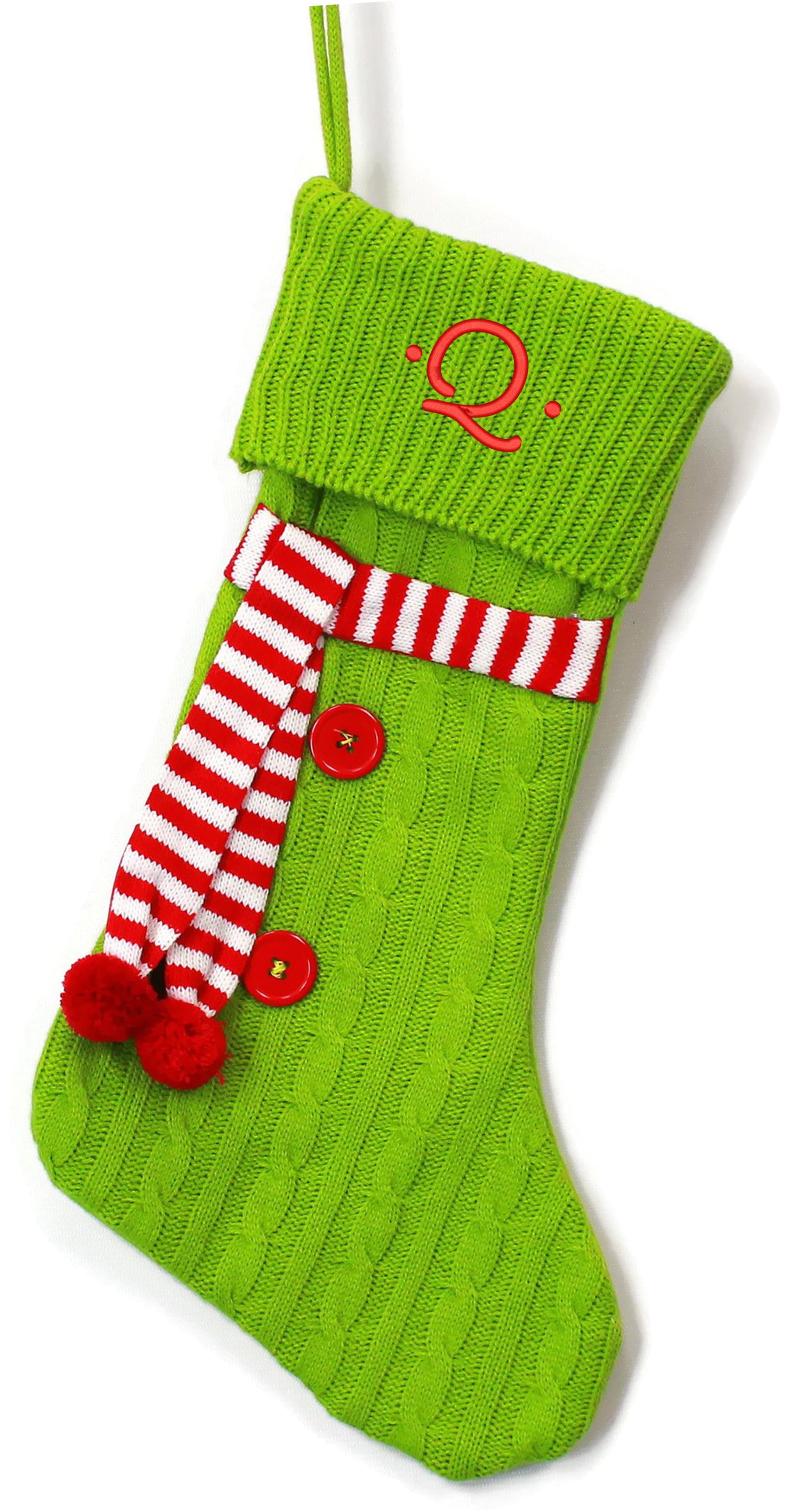 Monogrammed Christmas Stocking, Cable Knit Green with Scarf with Kids