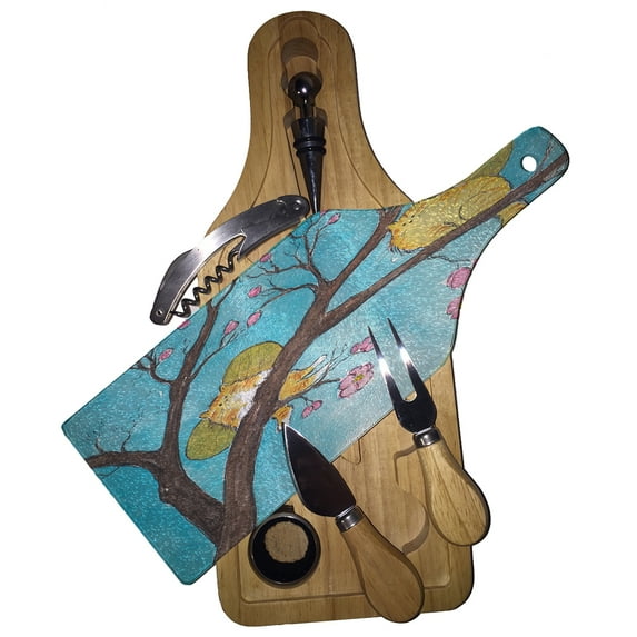 KuzmarK Wine & Cheese Glass Cutting Board Wood Box Gift Set - Ginger Tabby Tiger Kitty Fairies with Pink Dogwood Fantasy Cat Art by Denise Every