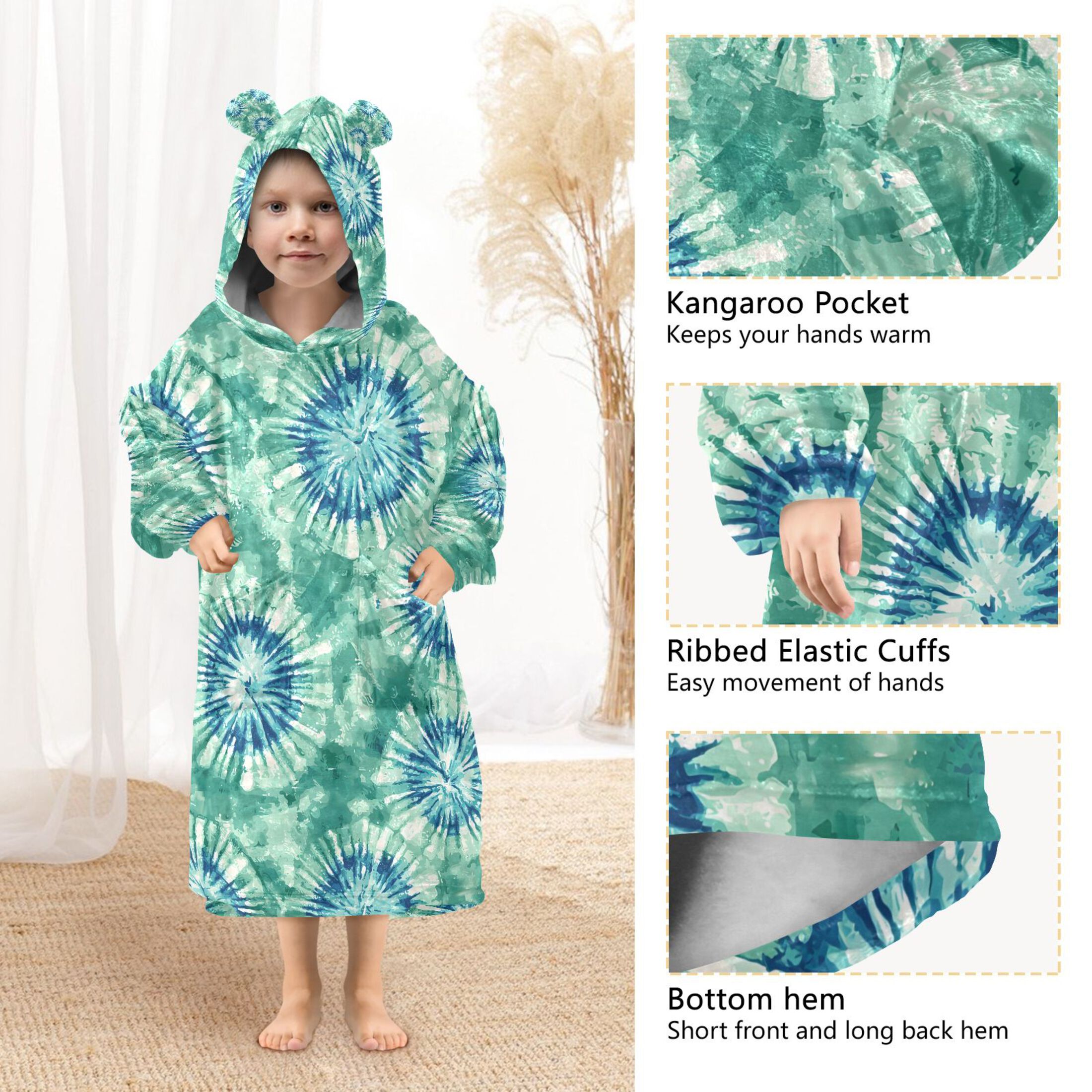 joogoo Wearable Blanket Hoodie for Tie Dye Green Flannel Sherpa Pocket 3-14 YR S