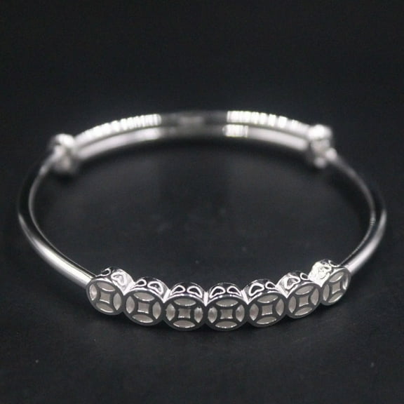 K-KED Pure 999 Fine Silver Bangle Women Lucky Heart Coin Beads Adjustable Bracelet 19g