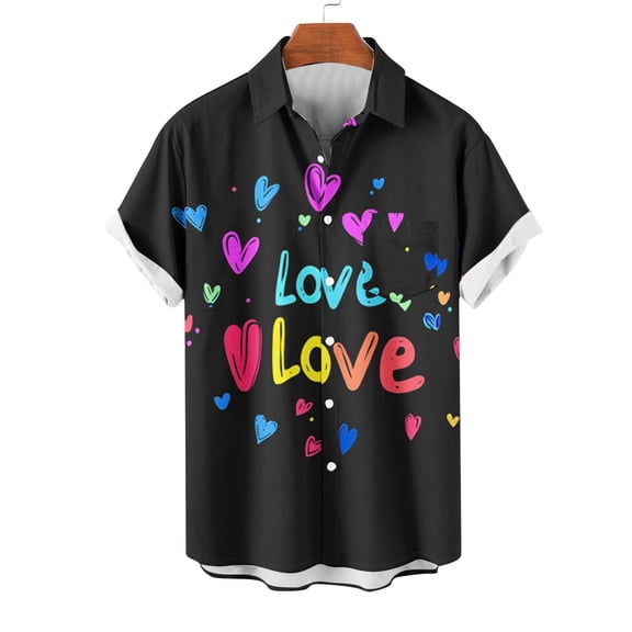 VBTAPA Hawaiian Shirt for Men Loose Fit Short Sleeve Button Down Shirts Valentines Day Heart Print Beach Shirt Summer Vacation Tops Lighten Deals of The Day Black L