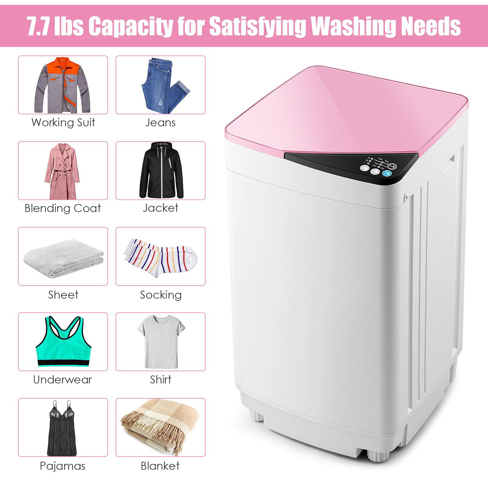 Full-Automatic Washing Machine 7.7 lbs Washer/Spinner Germicidal UV Light Pink