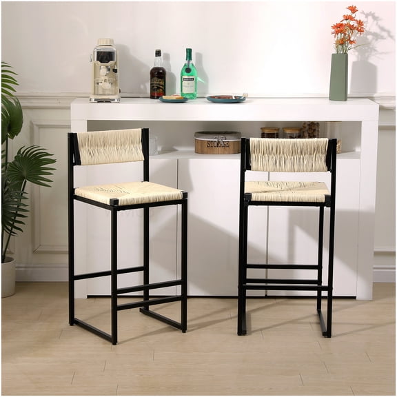 Set of 2 Farmhouse Kitchen Island Stools with Paper Rope Seat and Metal Frame, Creamy White Counter Height Bar Stools
