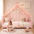 thumbnail image 3 of SESSLIFE Montessori Floor Bed, Twin Size Toddler Bed with Roof and Guardrail, House-Shaped Design, No Box Spring Needed, Toddler Bed Frame for Kids, Pink, 3 of 9