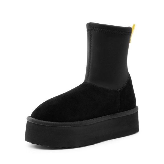 BURUDANI Women's Mid Calf Winter Platform Boots Genuine Suede Upper Elastic Shaft FuzzyChic Sock-Top Platform Snow Boots with Faux Warm Fur Lined Anti-Slip Booties