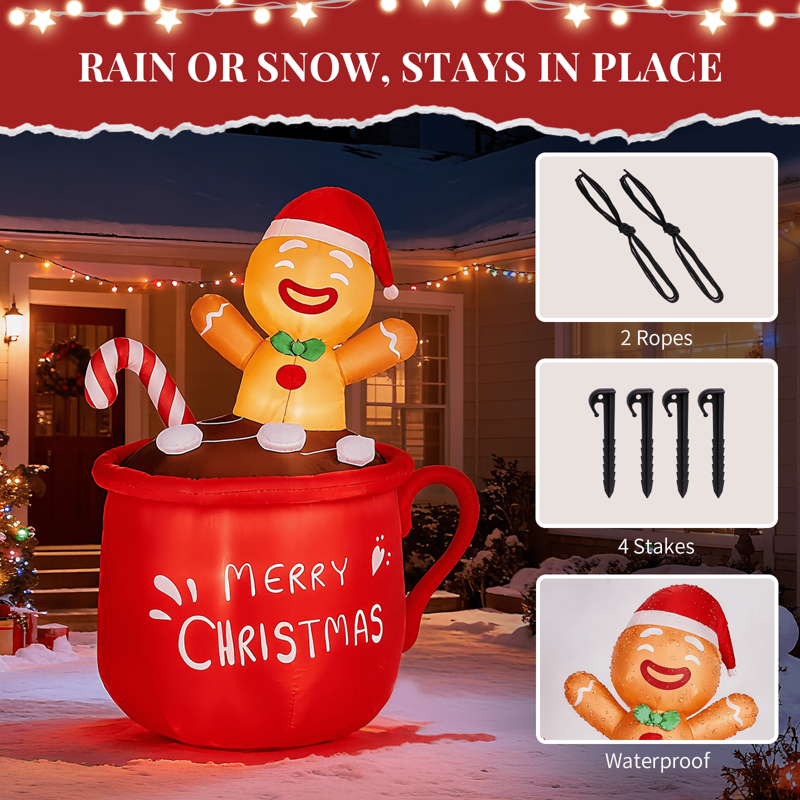 Astoutdoor 6.5 ft Lighted Christmas Inflatable Decoration, Gingerbread Man in Cup, Blow Up Yard Decor with Built-in LED Lights