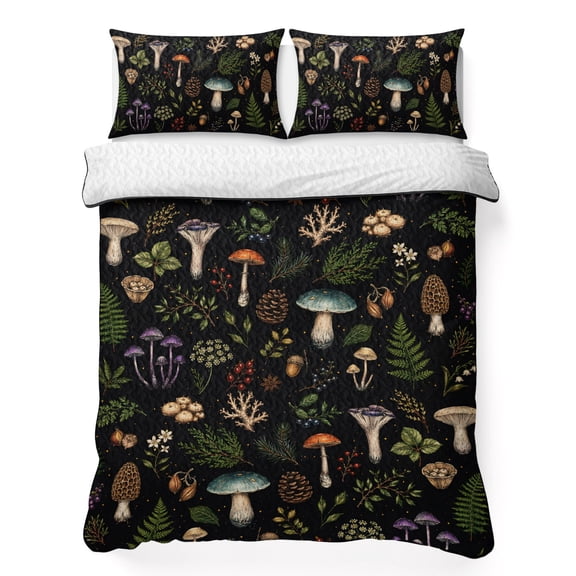 Quilt Sets Queen Size Mycological Pattern Comforter Set Soft Bedspread Coverlet 3 Pieces Nature Mushroom Fern Leaves Quilted Bedding Set with 2 Pillowcases Thin Comforter Bed Cover 90x96 Inch
