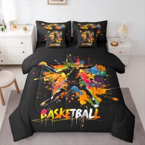 Manfei Sport Game Gaming 7 Pieces Bedding Comforter Set,Kids Basketball Full Bedding Set,Colorful Splash Ink Fitted Sheet Flat Sheet For Teens,Breathable Home Decor Reversible