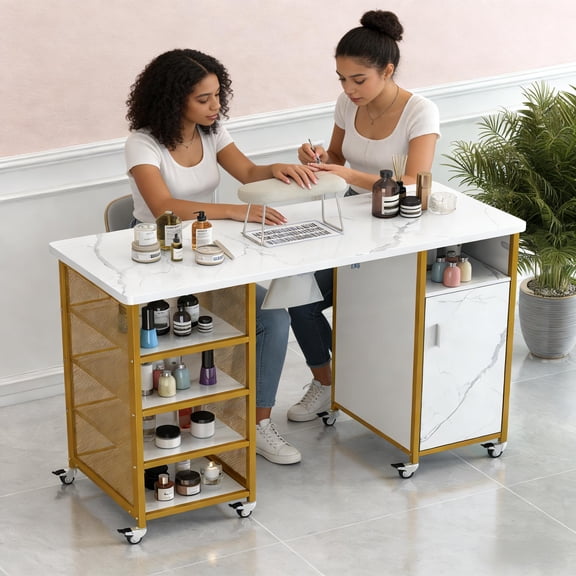 Manicure Table, Marbling Texture Nail Table with Electric Downdraft Vent,Wrist Cushion, Lockable Wheels, Storage Layers & Cabinet,White