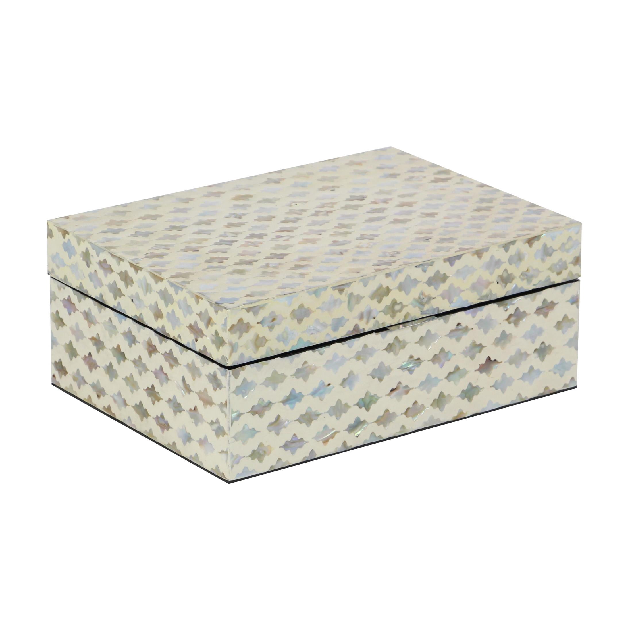 DecMode Geometric Handmade Storage Cream Mother of Pearl Shell Decorative Box with Hinged Lid, 2 Count