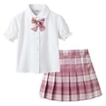 thumbnail image 4 of SAWOBUUN Girls' School Uniform Set Short Bubble Sleeve Button Down Shirt with Bow Tie and Plaid Pleated Mini Skirt - 3 Piece Outfit for Kids, 4 of 6