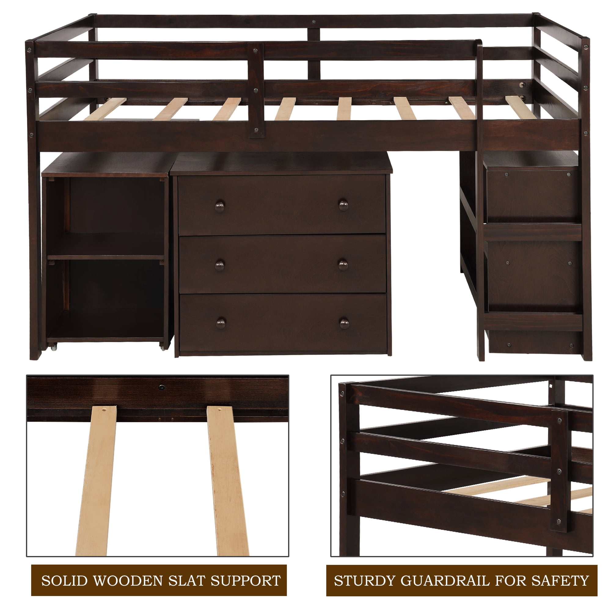 Kepooman Twin Size Low Study Loft Bed with Cabinet & Rolling Desk for Bedroom, Espresso Kepooman Twin Size Low Study Loft Bed with Cabinet & Rolling Desk for Bedroom, Espresso