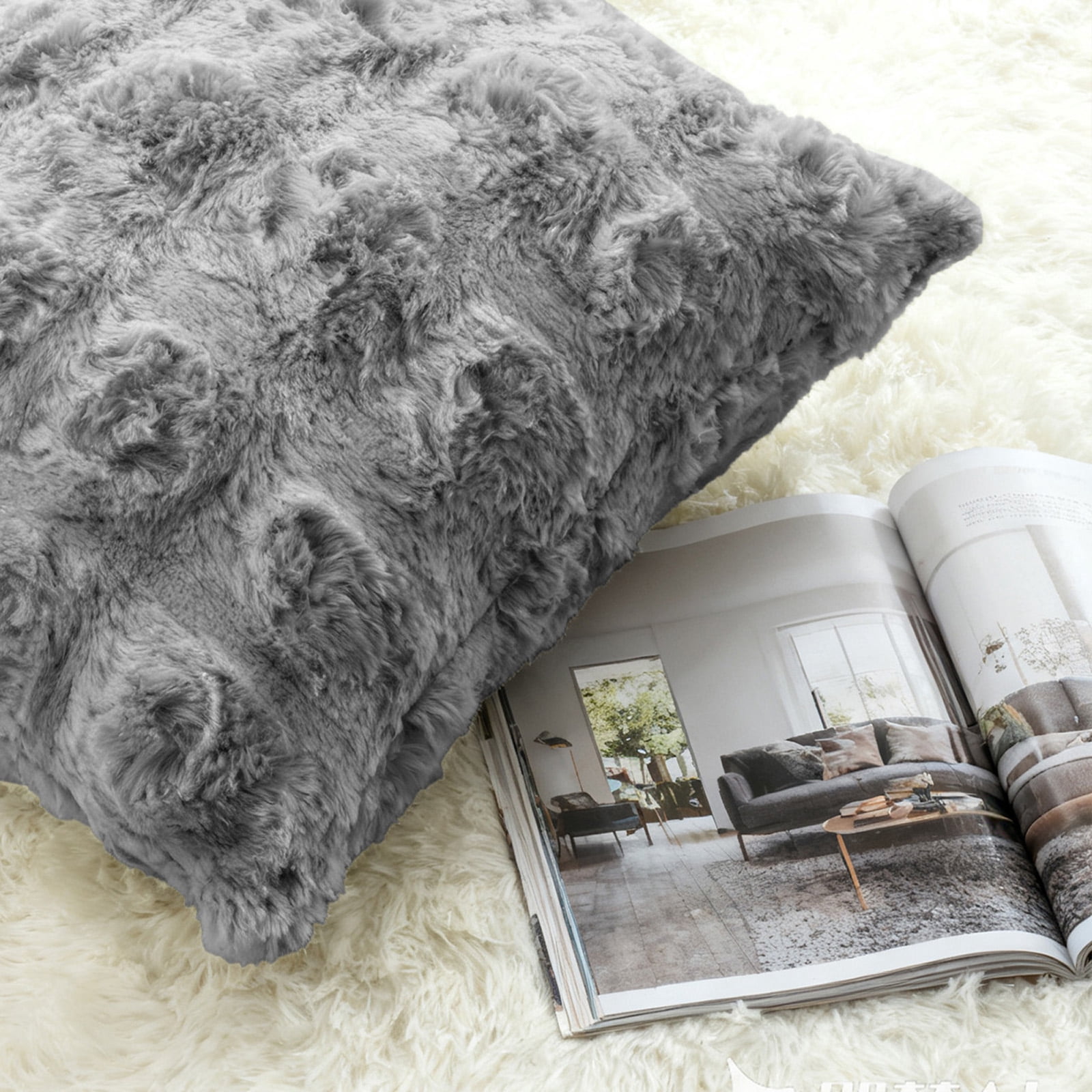 Sanmadrola Pillow Covers 18x18 Fluffy Faux Rabbit Fur Decorative Throw Pillows Case, Shaggy Decorative Cushion Covers for Sofa, Bedroom, Living Room, Cozy Home Décor, Set of 2