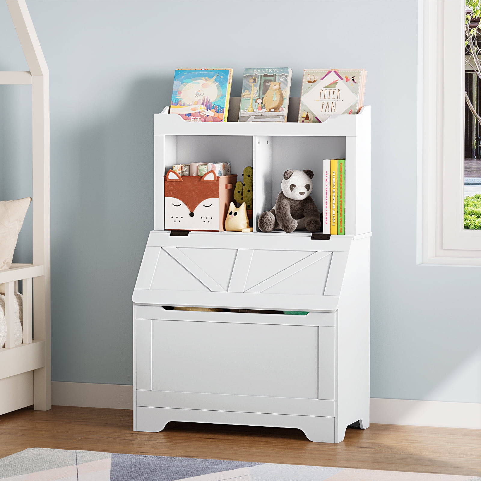 Kids Bookshelf and Toy Storage Organizer, Large Wooden Toy Box Chest with Flip-top Lid and Cubby, 3-Tire Children's Bookcase with Toy Storage Cabinet for Playroom Bedroom Nursery Kindergarten Hallway