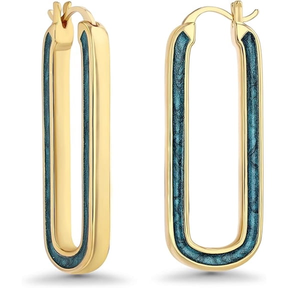 SNGIA 18K Gold Plated Long Oval Hoop Earrings with Green Teal Enamel for Women