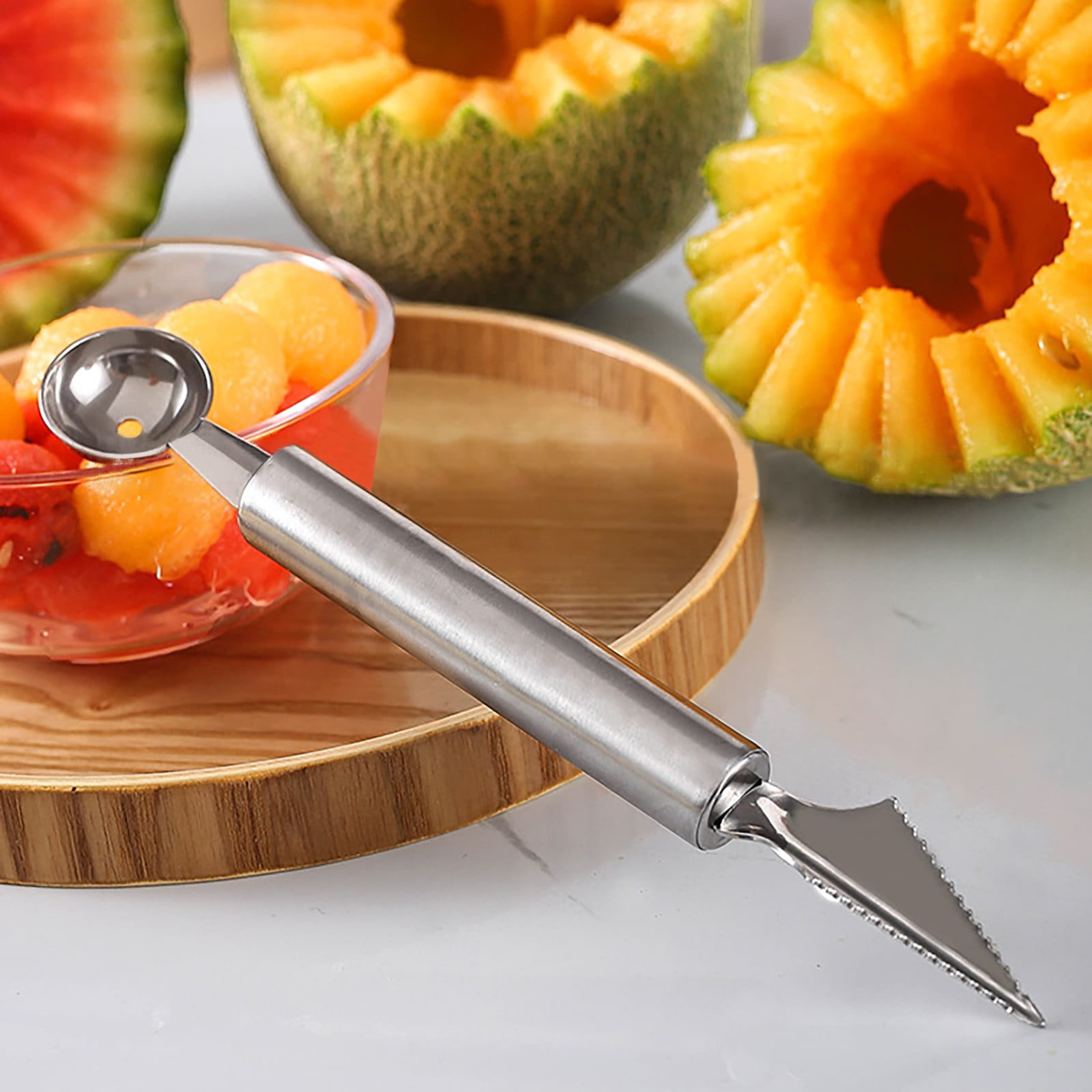 Baller Baller Scooper Scooper de fruits en acier inoxydable | Outil de sculpture antidérapant pour coupe-pastèque à long manœuvre Baller Baller Scooper Scooper de fruits en acier inoxydable | Outil de sculpture antidérapant pour coupe-pastèque à long manœuvre