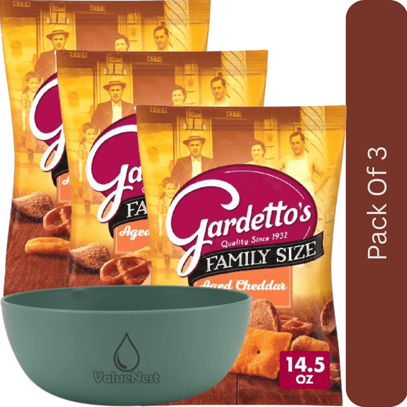 Gardetto’s Family Size Aged Cheddar Pub Mix Snack, 14.5 oz Party Bag with olive green bowl by ValueNest