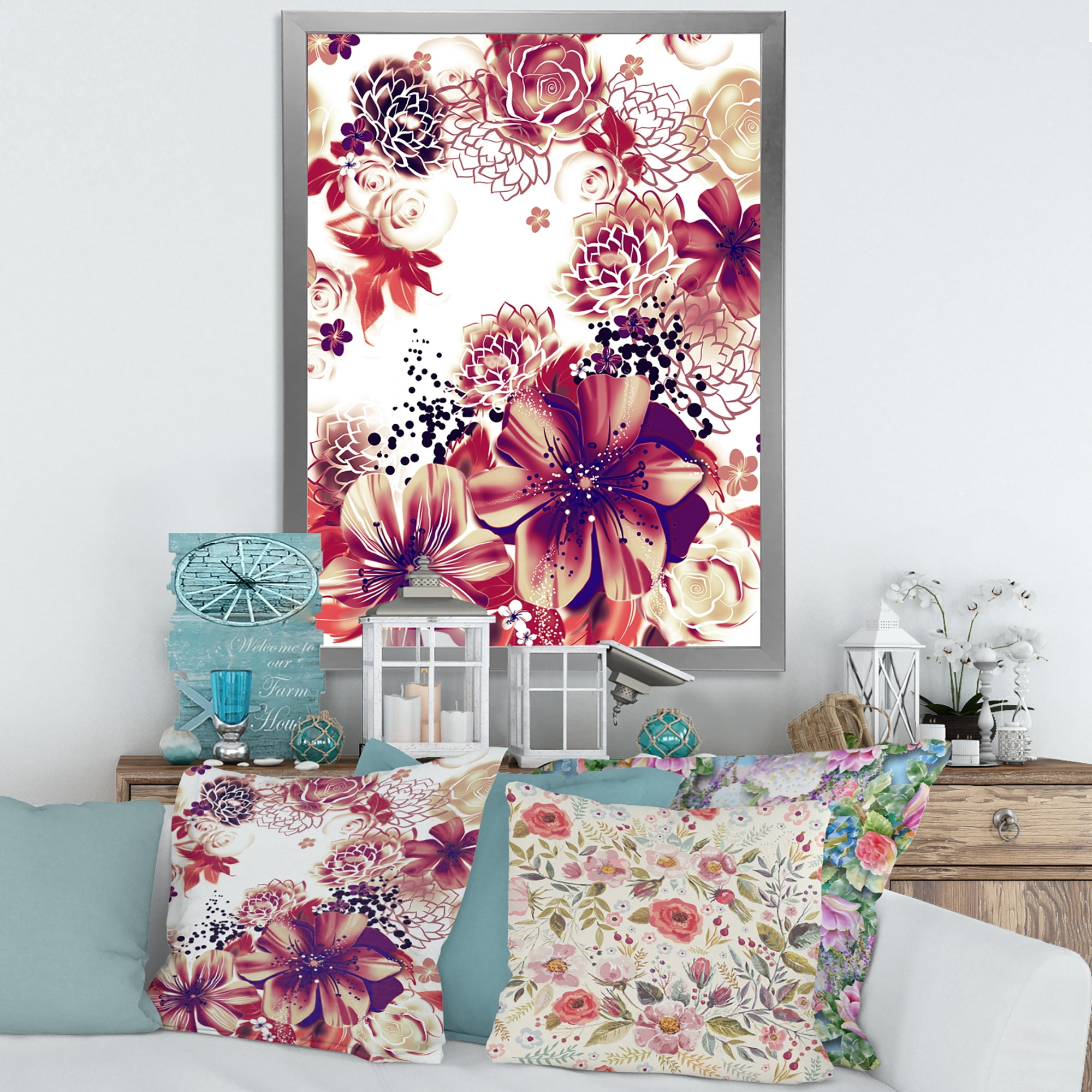 Designart 'Yellow and Pink Flowers Retro' Traditional Framed Art Print