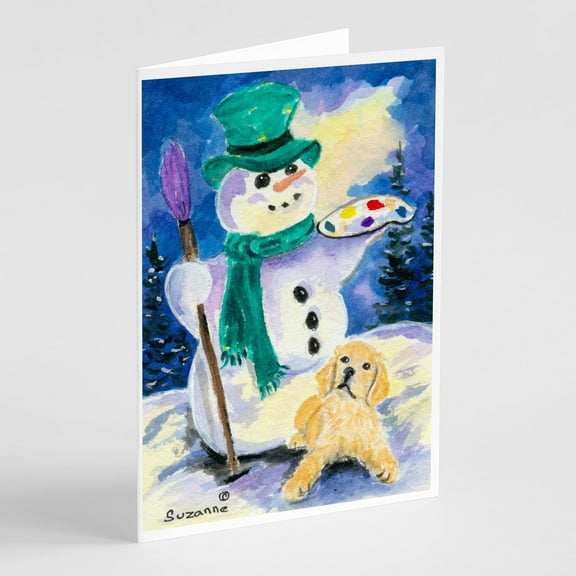 Snowman with Golden Retriever Greeting Cards and Envelopes Pack of 8
